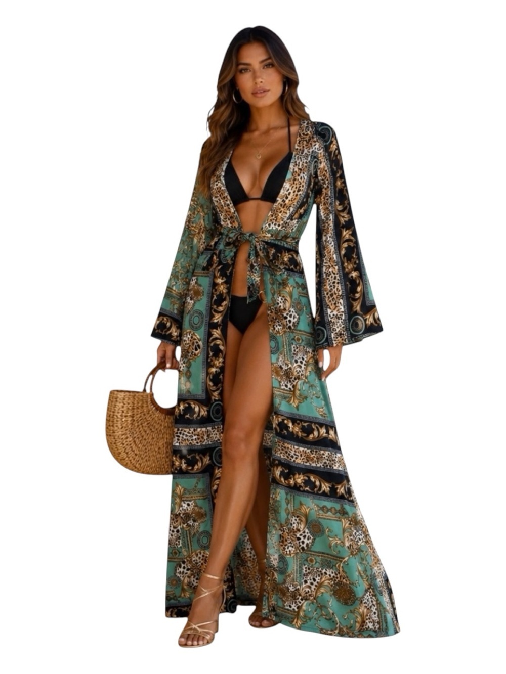 Fashion Nova Baroque Leopard Print Tie-Front Maxi Kaftan Duster Cover-Up - Picture 1 of 9
